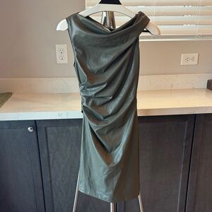 Helmut Lang One-Shoulder Draped Faux-Leather Dress in Olive